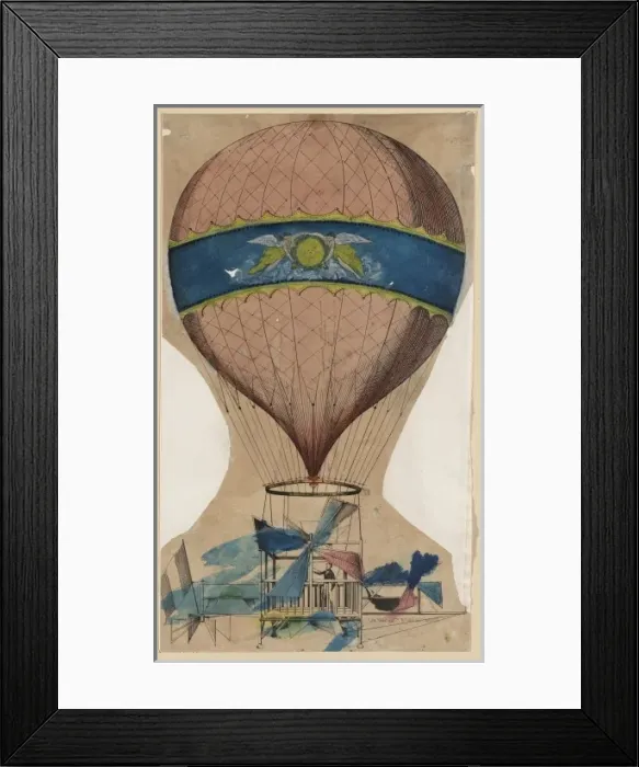 Framed Print : Balloon with open frame wood or metal basket and attached pr Framed Print : Balloon with open frame wood or metal basket and attached pr