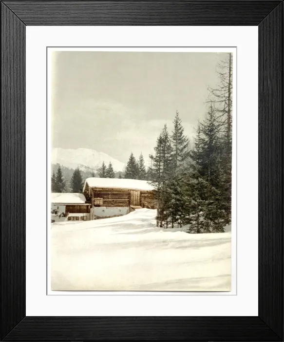 Framed Print : Winter scene with log structure, Grisons, Switzerland Framed Print : Winter scene with log structure, Grisons, Switzerland