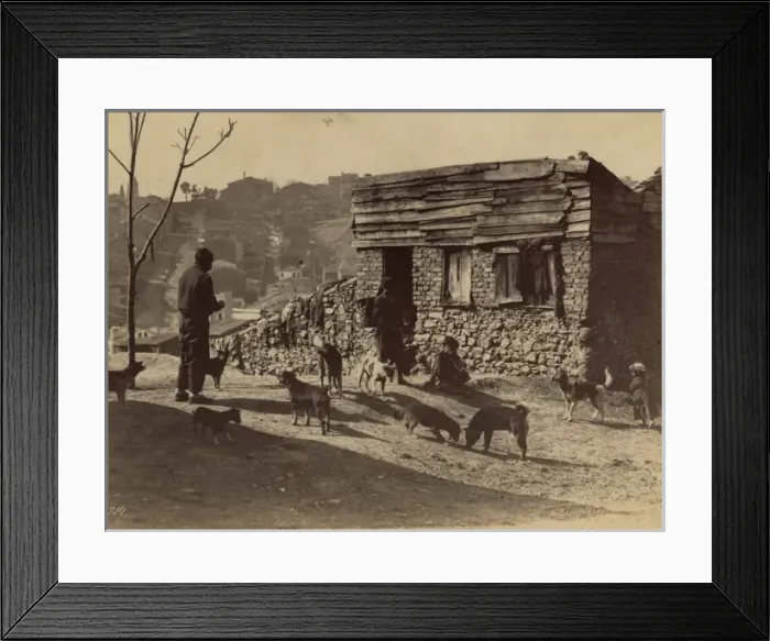 Framed Print : Men, children, and dogs in front of a building, probably in Framed Print : Men, children, and dogs in front of a building, probably in