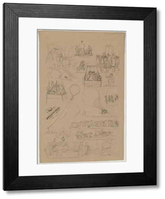 Framed Print : Pencil sketch for sixteen vignettes from the lives of French Framed Print : Pencil sketch for sixteen vignettes from the lives of French