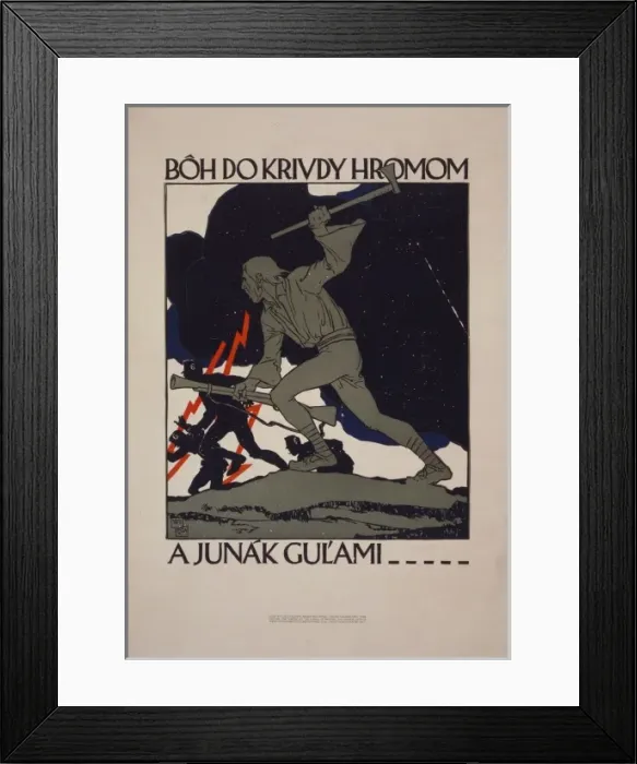 Framed Print : Poster showing an older man with axe and rifle joining a bat Framed Print : Poster showing an older man with axe and rifle joining a bat