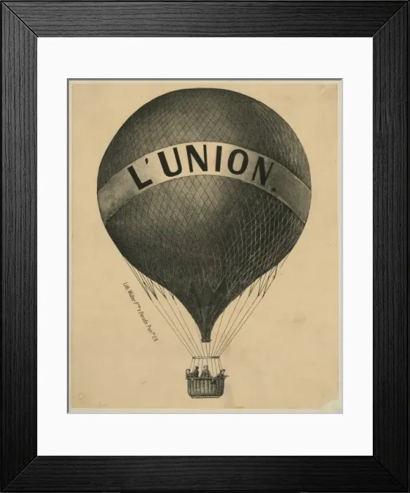 Framed Print : L Union. Print shows the balloon L Union flying with four men on board. Date 18 - Framed Print : L Union. Print shows the balloon L Union flying with four men on board. Date 18 -