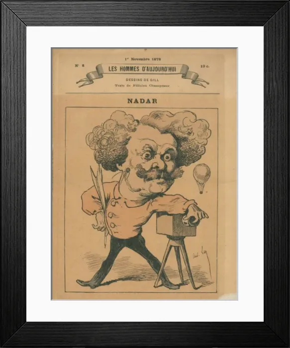 Framed Print : Nadar. French caricature of photographer and balloonist Nadar, standing next to his camera Framed Print : Nadar. French caricature of photographer and balloonist Nadar, standing next to his camera