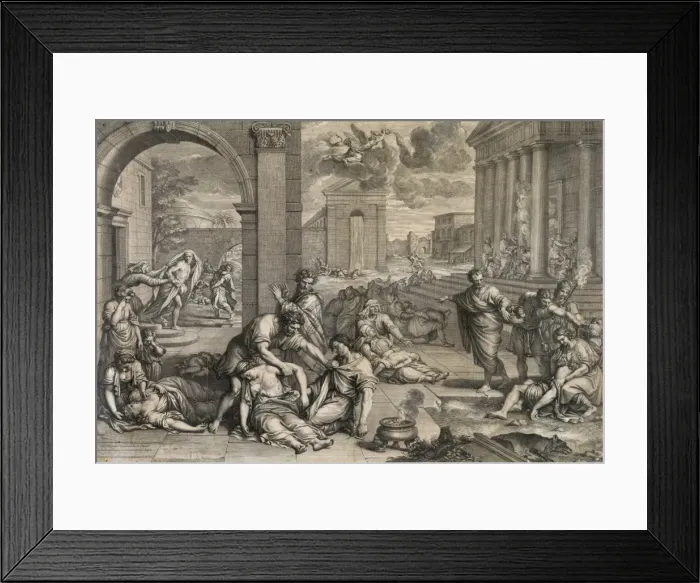 Framed Print : People suffering from plague outside temple