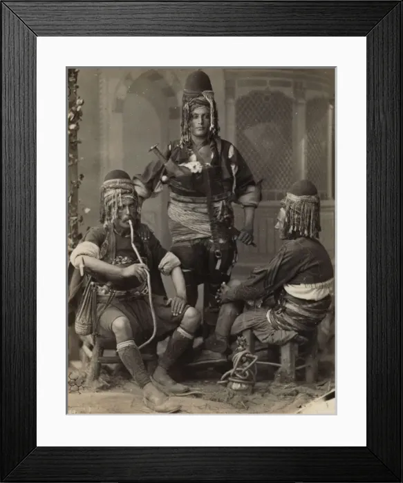 Framed Print : Group portrait of three men, one smoking a nargile; possibly Framed Print : Group portrait of three men, one smoking a nargile; possibly