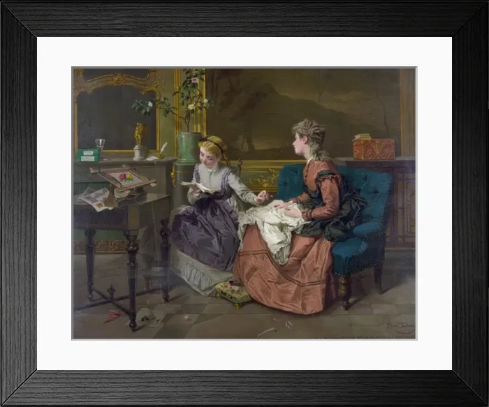 Framed Print : Two girls, one reading, one sewing Framed Print : Two girls, one reading, one sewing