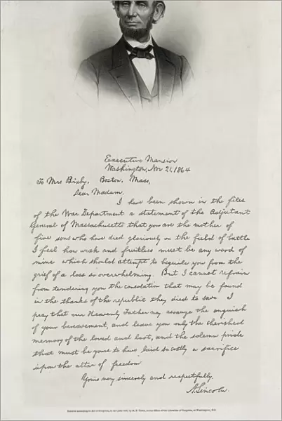 Letter from Abraham Lincoln to Mrs. Bixby, with bust-length