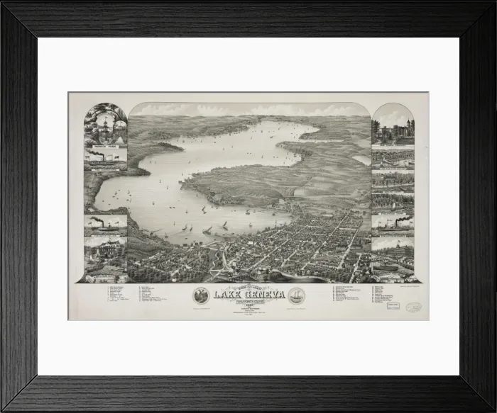 Framed Print : Birds eye view of Lake Geneva, Walworth Co. Wis. 1882 Framed Print : Birds eye view of Lake Geneva, Walworth Co. Wis. 1882
