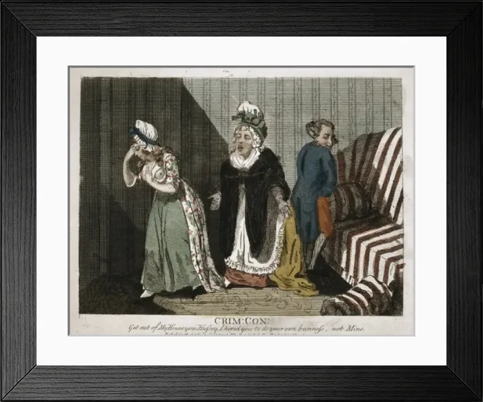 Framed Print : Crim. con. Cartoon print showing a woman who has taken an amorous couple by surprise, Framed Print : Crim. con. Cartoon print showing a woman who has taken an amorous couple by surprise,