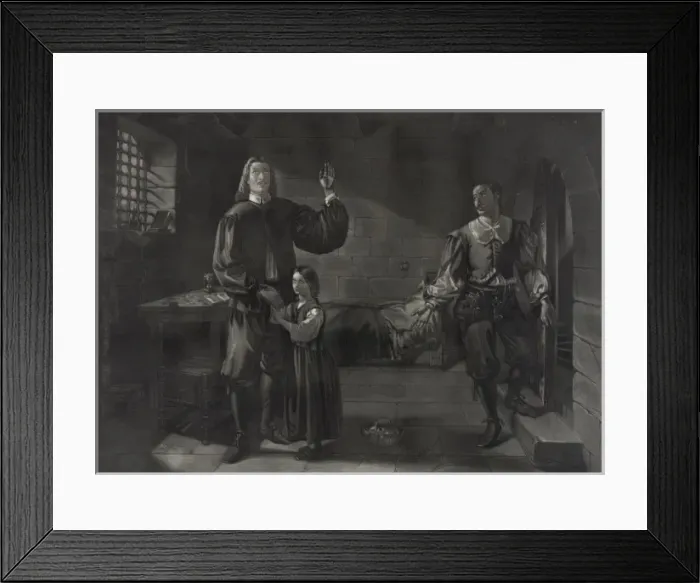 Framed Print : John Bunyan in Bedford Jail, 1667, his blind child leaving h Framed Print : John Bunyan in Bedford Jail, 1667, his blind child leaving h