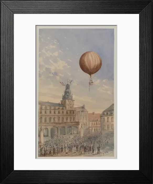 Framed Print : Balloon with two passengers ascending over a town square, wi Framed Print : Balloon with two passengers ascending over a town square, wi