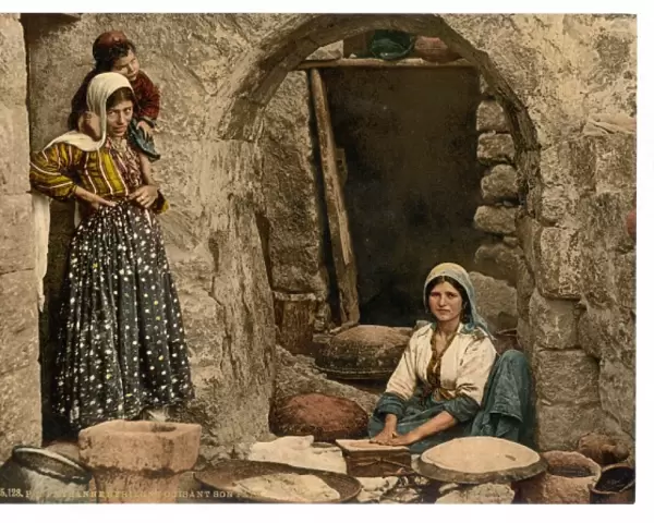 Syrian peasant making bread, Holy Land