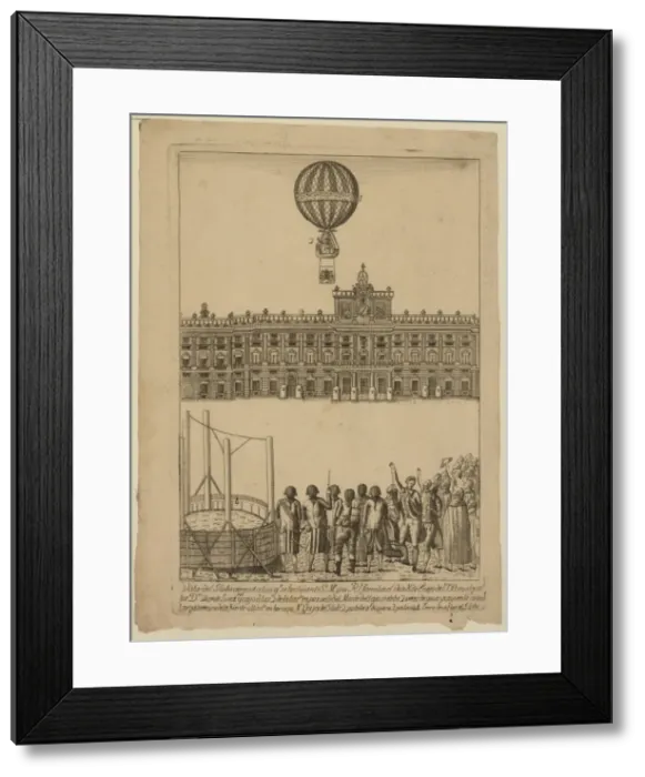 Framed Print : Vincente Lunardi ascending from the Royal Palace, Madrid Framed Print : Vincente Lunardi ascending from the Royal Palace, Madrid