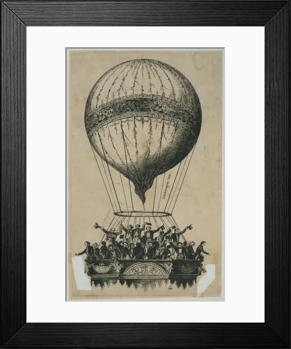Framed Print : Crowd of passengers wave from basket of ascending balloon Framed Print : Crowd of passengers wave from basket of ascending balloon