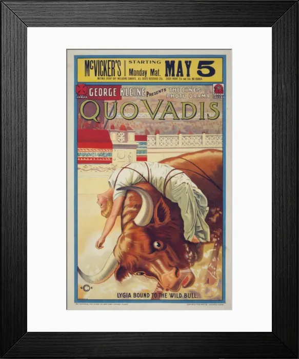 Framed Print : Quo Vadis. Motion picture poster for Quo Vadis show the character Lygia bound to a bull Framed Print : Quo Vadis. Motion picture poster for Quo Vadis show the character Lygia bound to a bull
