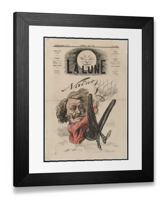 Framed Print : Nadar. French caricature of photographer and balloonist Nadar hanging onto Framed Print : Nadar. French caricature of photographer and balloonist Nadar hanging onto