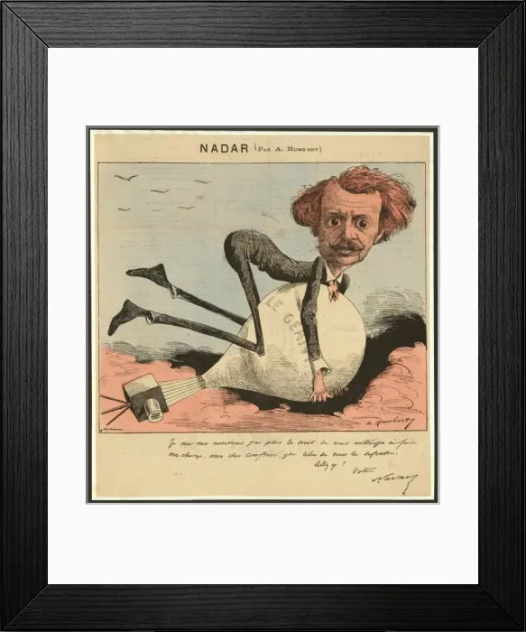 Framed Print : Nadar. French caricature of photographer and balloonist Nadar hanging onto his balloon Framed Print : Nadar. French caricature of photographer and balloonist Nadar hanging onto his balloon