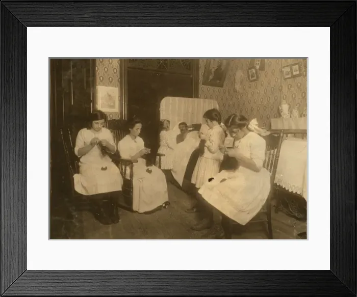 Framed Print : Italian family crocheting bags. Father sick in bed (not cont Framed Print : Italian family crocheting bags. Father sick in bed (not cont