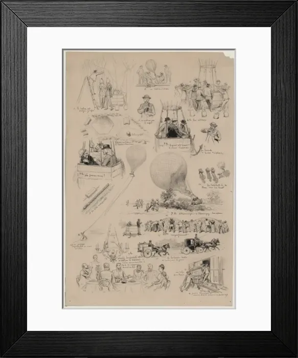 Framed Print : Sixteen vignettes from the lives of French balloonists, Albe Framed Print : Sixteen vignettes from the lives of French balloonists, Albe