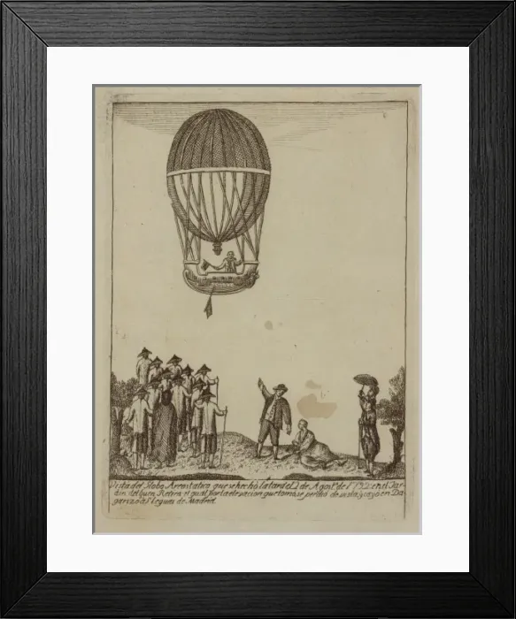 Framed Print : Vincenzo Lunardi riding in the gondola of a balloon ascendin Framed Print : Vincenzo Lunardi riding in the gondola of a balloon ascendin