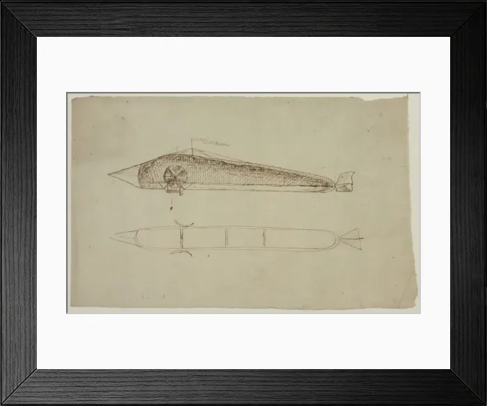 Framed Print : Two views of an airship shaped like a long tube with a point Framed Print : Two views of an airship shaped like a long tube with a point
