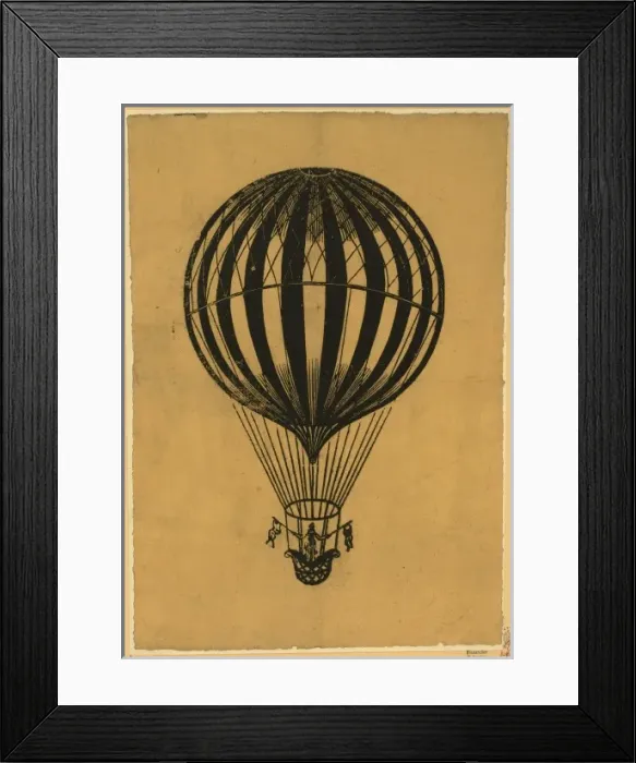 Framed Print : Woman stands in the basket of a balloon holding flags Framed Print : Woman stands in the basket of a balloon holding flags