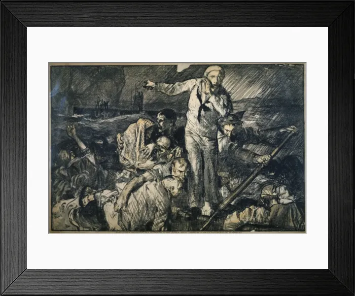 Framed Print : Sailors and others in a lifeboat, as one sailor gestures to Framed Print : Sailors and others in a lifeboat, as one sailor gestures to