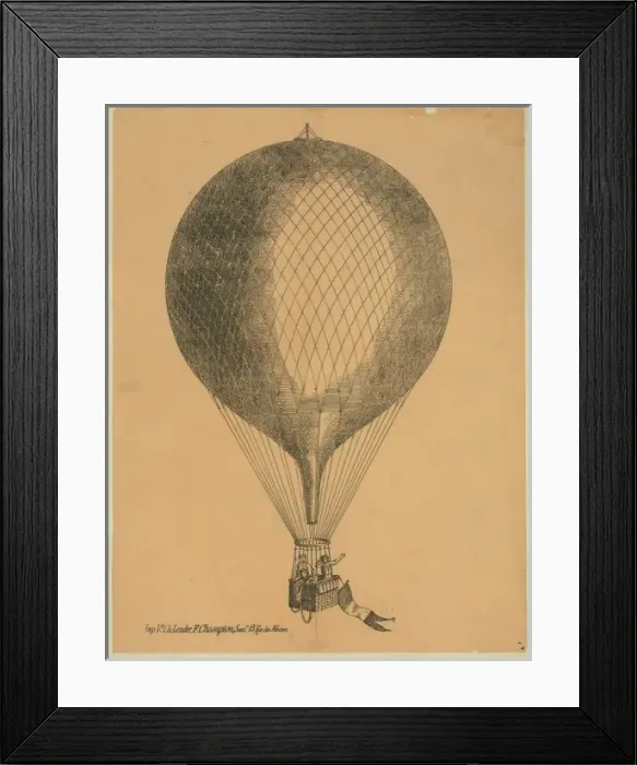 Framed Print : Three men in basket of ascending balloon with flag attached Framed Print : Three men in basket of ascending balloon with flag attached
