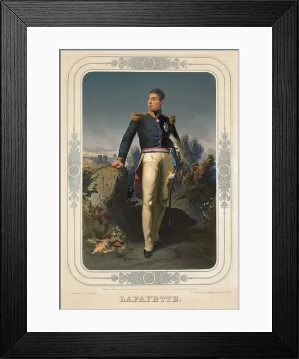 Framed Print : Lafayette. Print shows the Marquis de Lafayette, full-length portrait, in uniform Framed Print : Lafayette. Print shows the Marquis de Lafayette, full-length portrait, in uniform