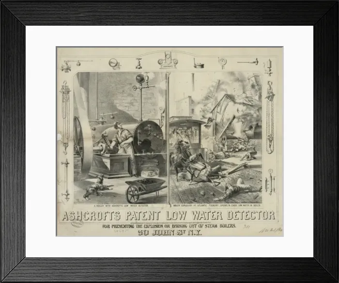 Framed Print : Ashcrofts patent low water detector for preventing the expl Framed Print : Ashcrofts patent low water detector for preventing the expl