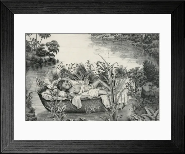 Framed Print : Moses. Print showing Moses as an infant floating in a basket on a river Framed Print : Moses. Print showing Moses as an infant floating in a basket on a river
