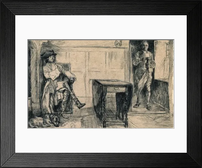 Framed Print : Man in eighteenth-century dress with tri-corner hat sitting Framed Print : Man in eighteenth-century dress with tri-corner hat sitting