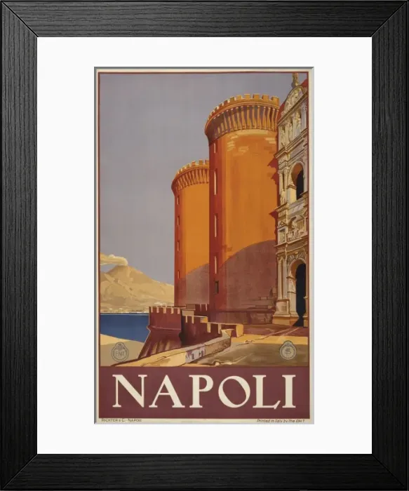 Framed Print : Napoli. Poster showing Vesuvius and the bay of Naples from the terrace of a fortress Framed Print : Napoli. Poster showing Vesuvius and the bay of Naples from the terrace of a fortress