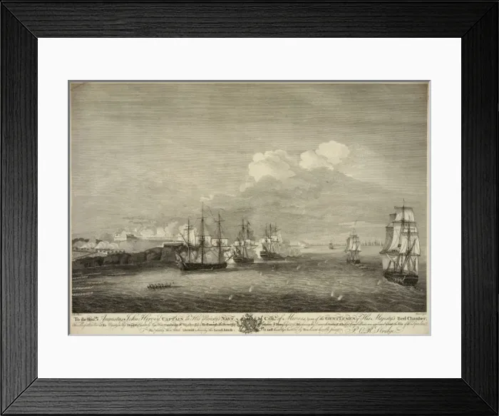 Framed Print : Perspective view of his majestys ship Dragon attacking Moro Framed Print : Perspective view of his majestys ship Dragon attacking Moro