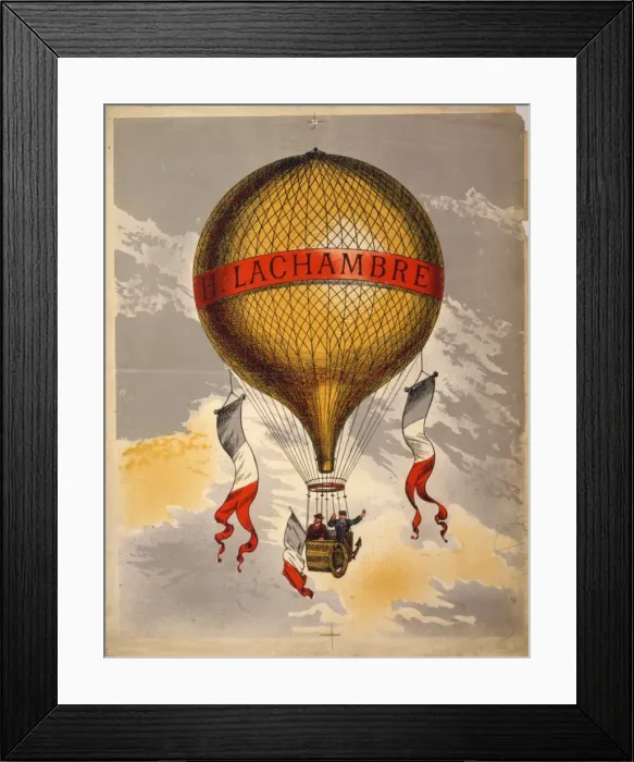 Framed Print : Balloon labeled H. Lachambre, with two men riding in the bas Framed Print : Balloon labeled H. Lachambre, with two men riding in the bas