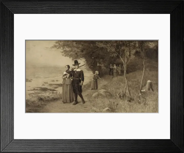 Framed Print : Pilgrims holding Bibles walking down path Framed Print : Pilgrims holding Bibles walking down path
