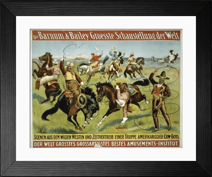 Framed Print : Circus poster showing cowboys performing riding and rope tri Framed Print : Circus poster showing cowboys performing riding and rope tri