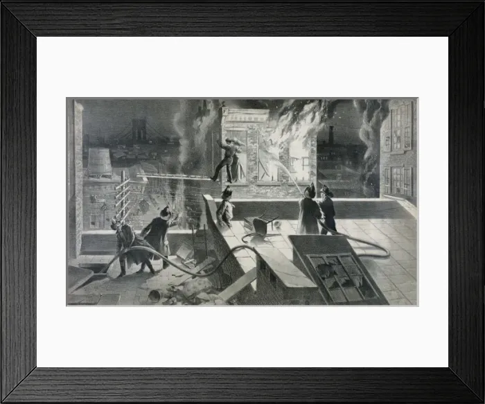 Framed Print : Firefighters fighting blaze from city roofs Framed Print : Firefighters fighting blaze from city roofs