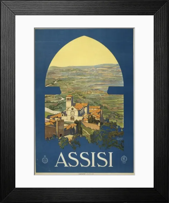 Framed Print : Assisi. Poster showing Assisi and the countryside as if from a window in a tower Framed Print : Assisi. Poster showing Assisi and the countryside as if from a window in a tower