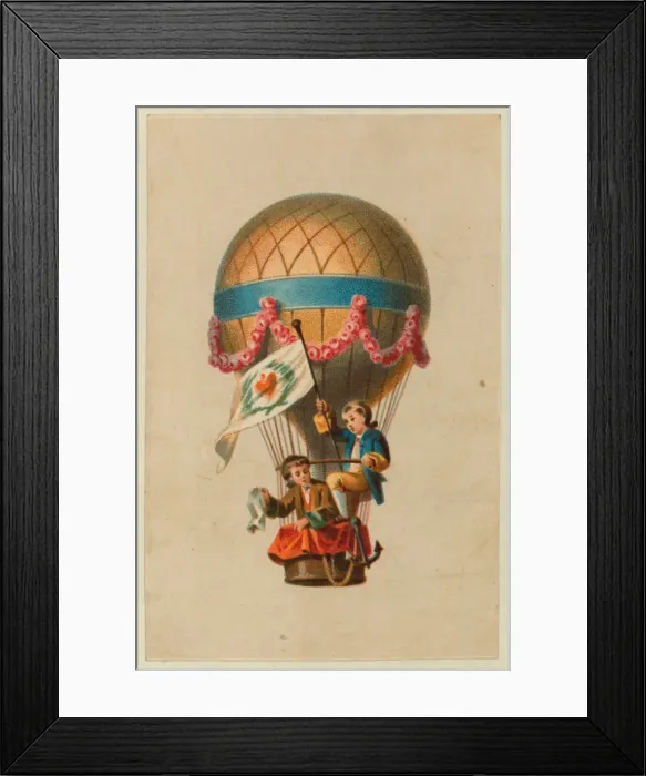 Framed Print : Card shows two children ascending in the basket of a balloon Framed Print : Card shows two children ascending in the basket of a balloon