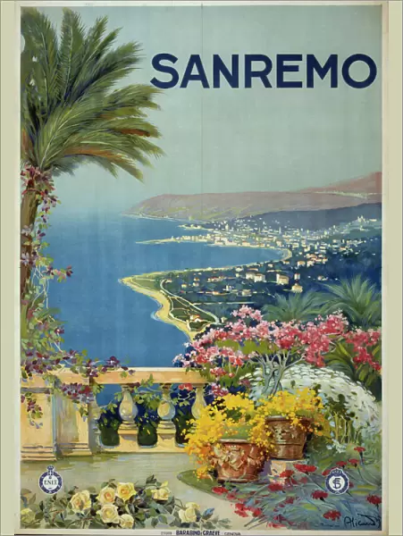 Sanremo. Poster showing the coastline of San Remo from a terrace. Date ca. 1920