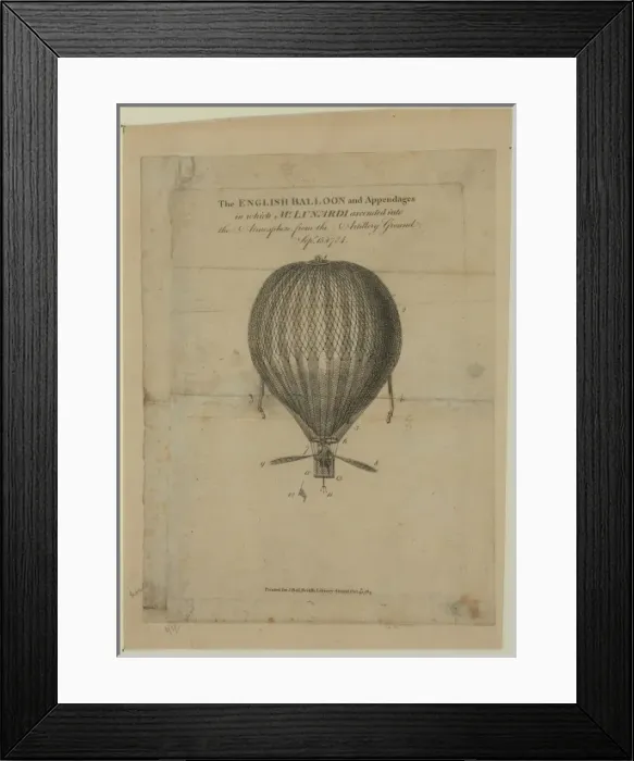 Framed Print : The English balloon and appendages in which Mr. Lunardi asce Framed Print : The English balloon and appendages in which Mr. Lunardi asce
