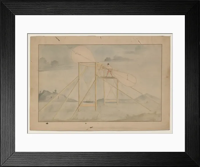 Framed Print : Man standing on a platform manipulating a set of paddle-like Framed Print : Man standing on a platform manipulating a set of paddle-like