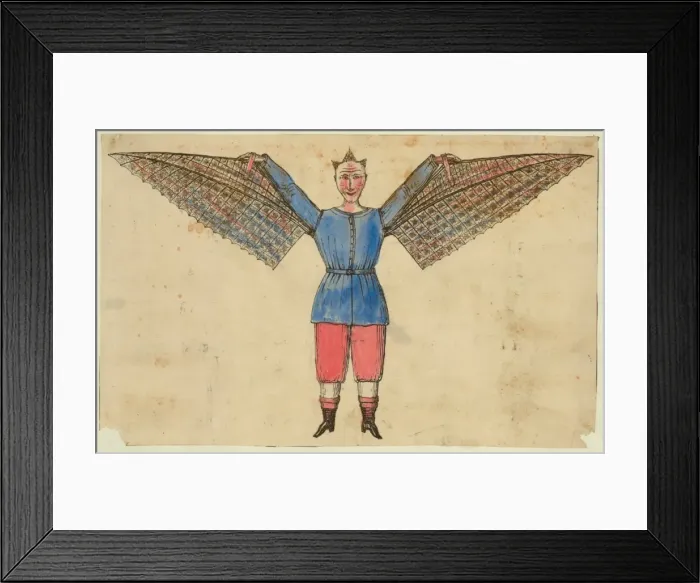 Framed Print : Humorous portrayal of a man who flies with wings attached to Framed Print : Humorous portrayal of a man who flies with wings attached to