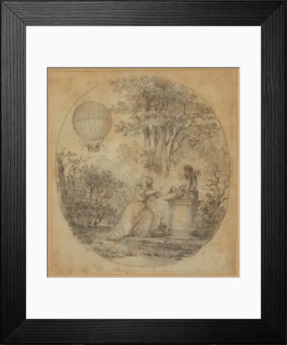 Framed Print : Young woman putting flowers on statue of Cupid looks over he Framed Print : Young woman putting flowers on statue of Cupid looks over he