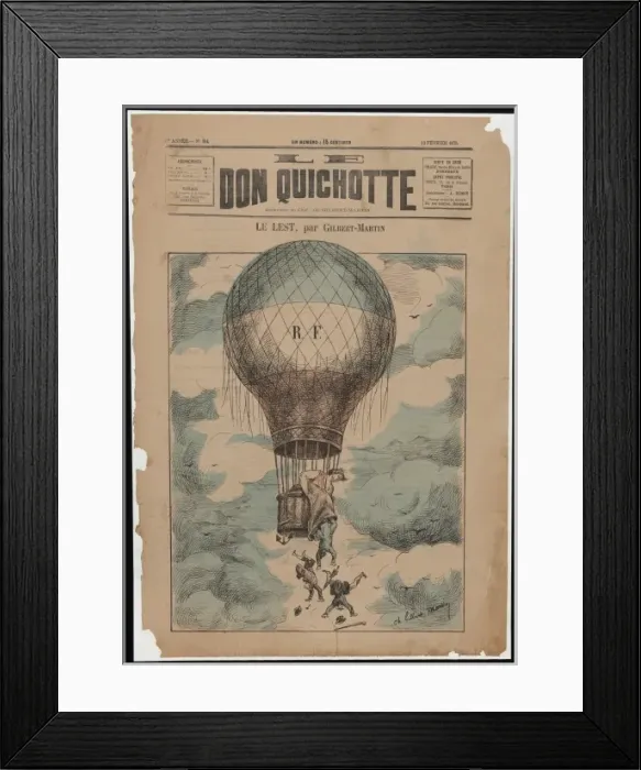 Framed Print : Le lest. French cartoon shows Marianne (symbol of France) in a balloon Framed Print : Le lest. French cartoon shows Marianne (symbol of France) in a balloon