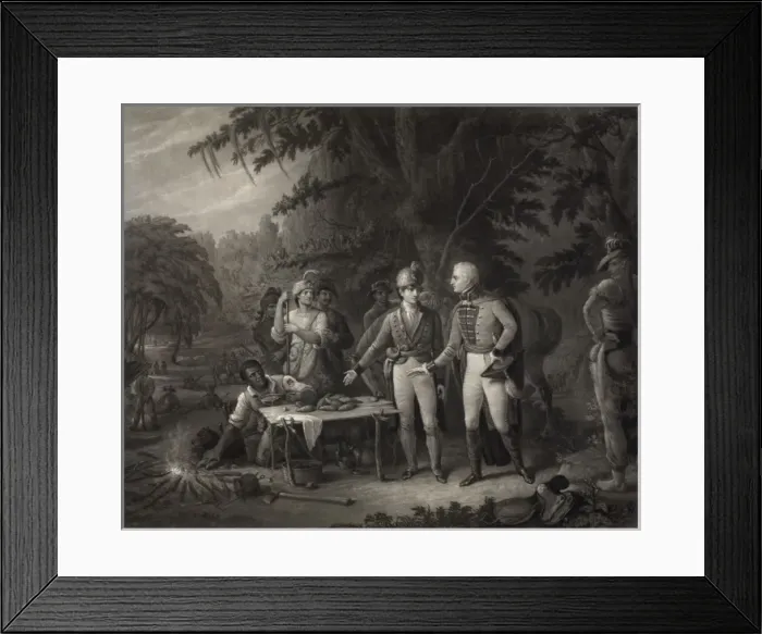 Framed Print : Gen. Marion in his swamp encampment inviting a British offic Framed Print : Gen. Marion in his swamp encampment inviting a British offic