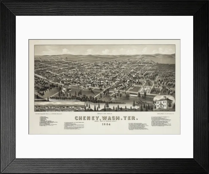 Framed Print : Birds Eye View of Cheney, Wash. Ter. County seat of Spokan Framed Print : Birds Eye View of Cheney, Wash. Ter. County seat of Spokan