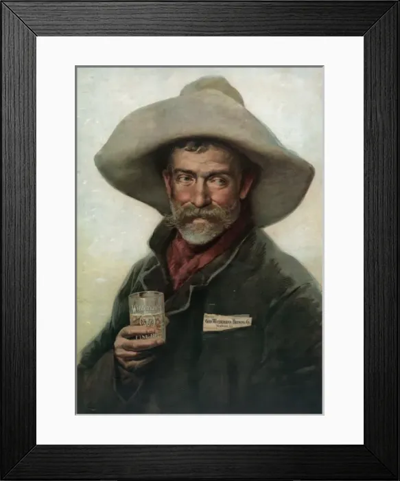 Framed Print : Tradecard for Wiedemann Beer: old cowboy holding glass of Wi Framed Print : Tradecard for Wiedemann Beer: old cowboy holding glass of Wi