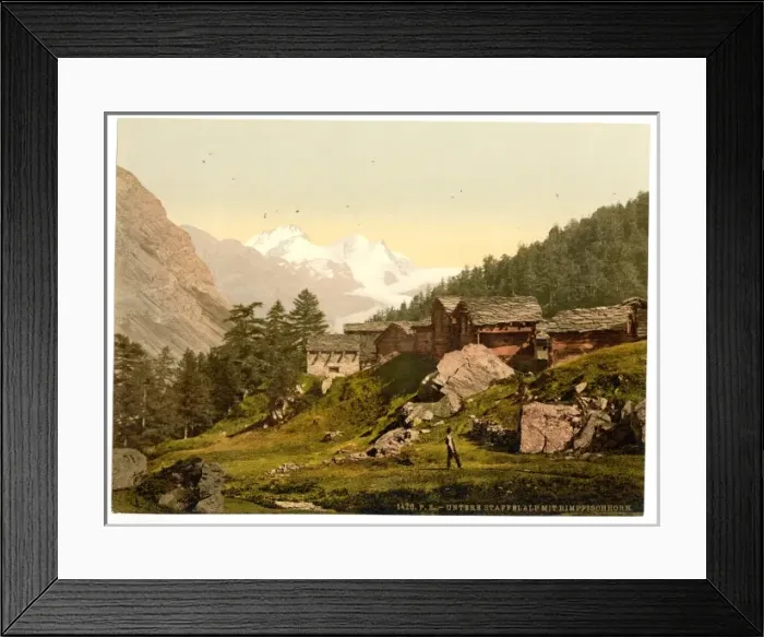 Framed Print : Staffel Alp and Rimpfischhorn, with chalets, Valais, Alps of Framed Print : Staffel Alp and Rimpfischhorn, with chalets, Valais, Alps of
